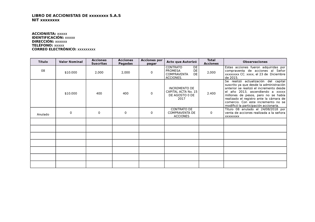 Libro DE Accionistas - Modelo - NIT xxxxxxxx ACCIONISTA: xxxxx  IDENTIFICACIÓN: xxxxx DIRECCIÓN: - Studocu
