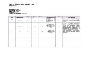 Libro DE Accionistas - Modelo - NIT xxxxxxxx ACCIONISTA: xxxxx  IDENTIFICACIÓN: xxxxx DIRECCIÓN: - Studocu