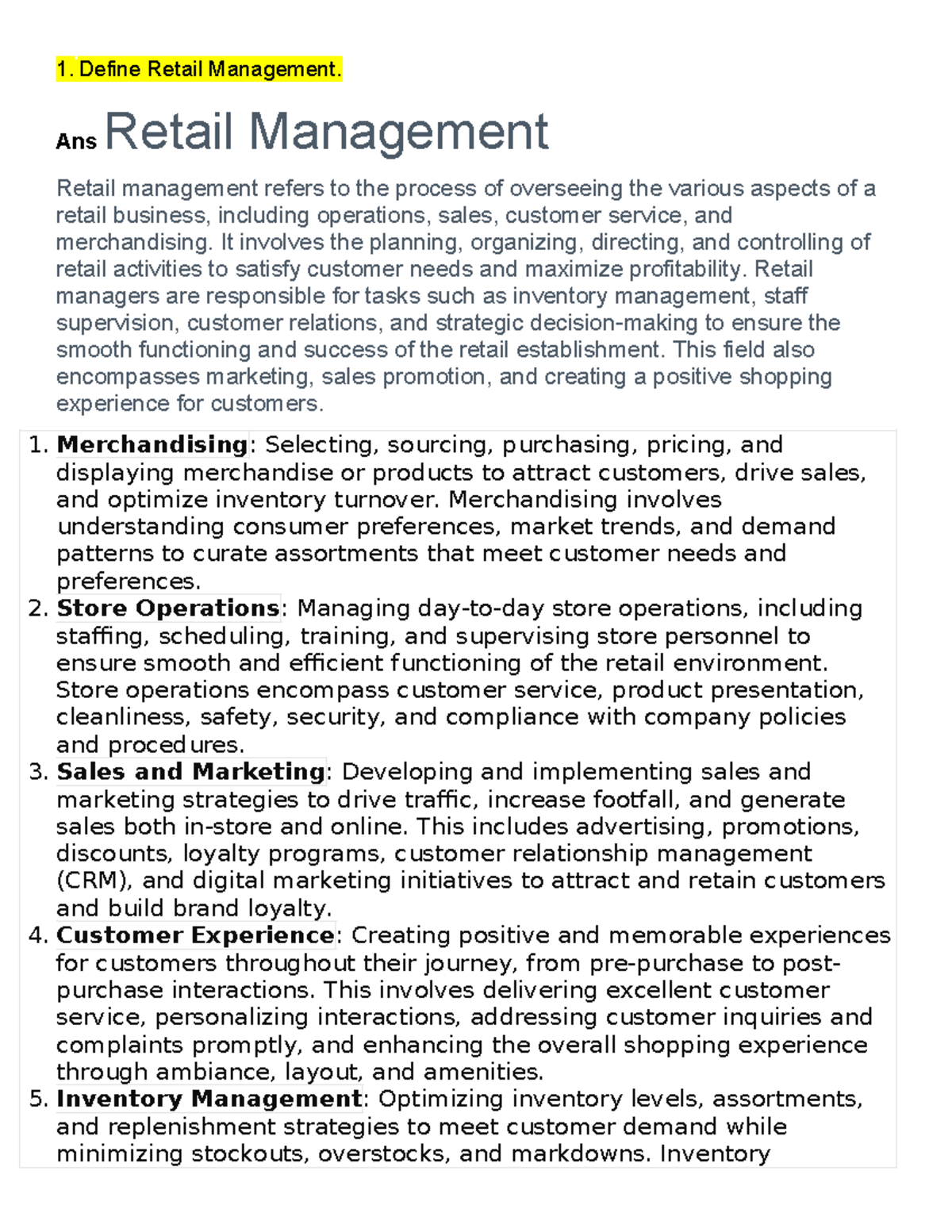 Retail Management - 123 - 1. Define Retail Management. Ans Retail ...
