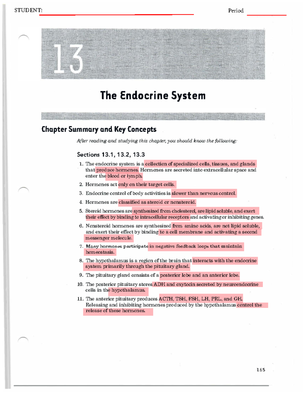 Worksheet CH. 13 THE Endocrine System-2 - The Endocrine System Chapter ...