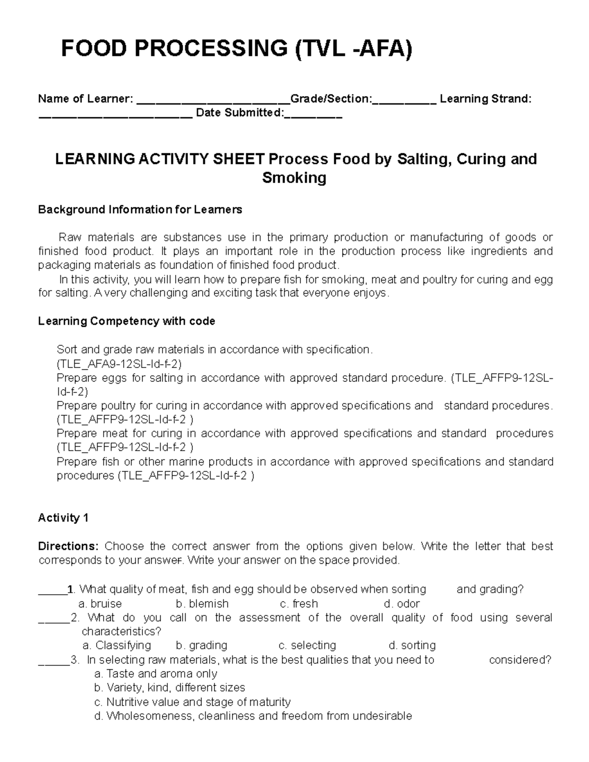FOOD Processing Grade 9 FOOD PROCESSING (TVL AFA) Name of Learner