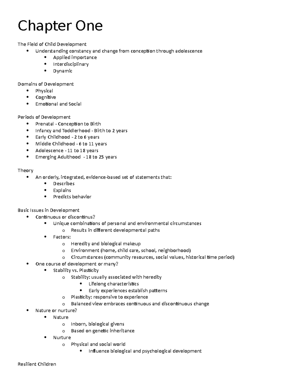 Chapter One - Chapter One The Field of Child Development Understanding ...