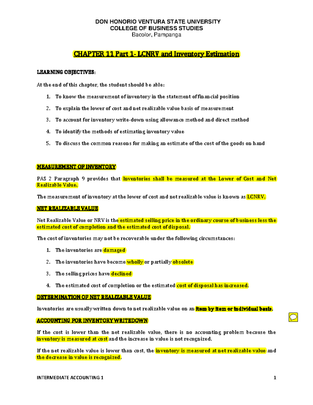 Chapter 11 Part 1 Lcnrv and Inventory Estimation - COLLEGE OF BUSINESS ...