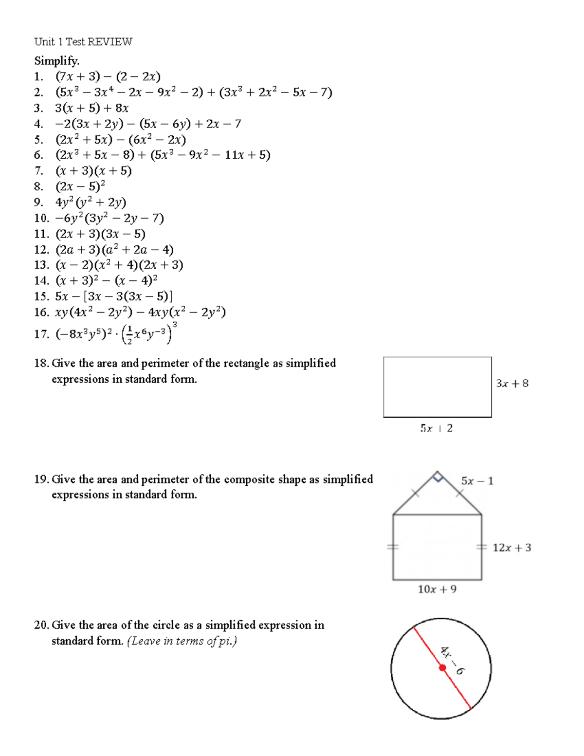 Unit 1 Test Review Unit 1 Test REVIEW Simplify. 1. ( 7 𝑥 + 3 ) − ( 2