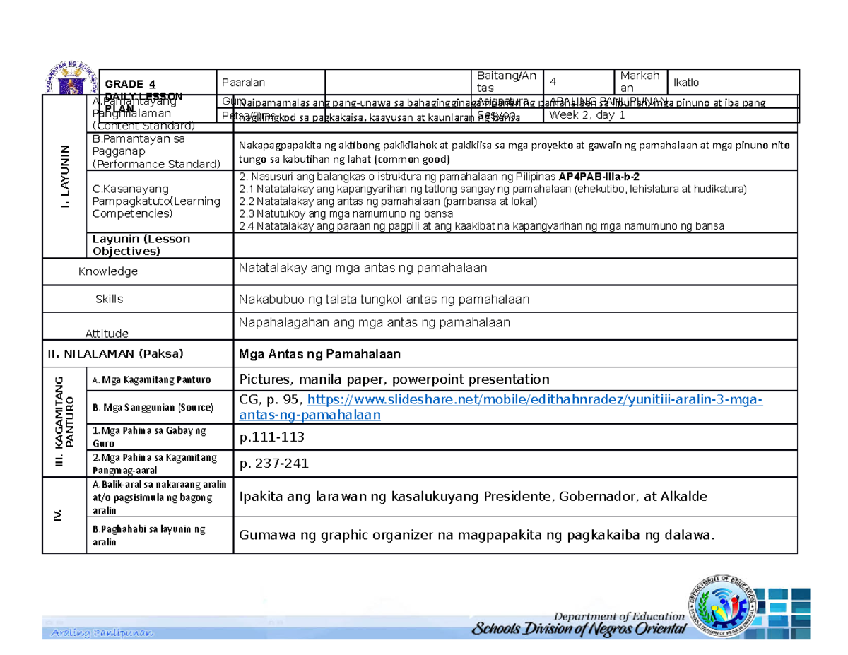 AP4 3rd Q Sesyon 6 - Detailed Lesson Plan - I. LAYUNIN A Pangnilalaman ...