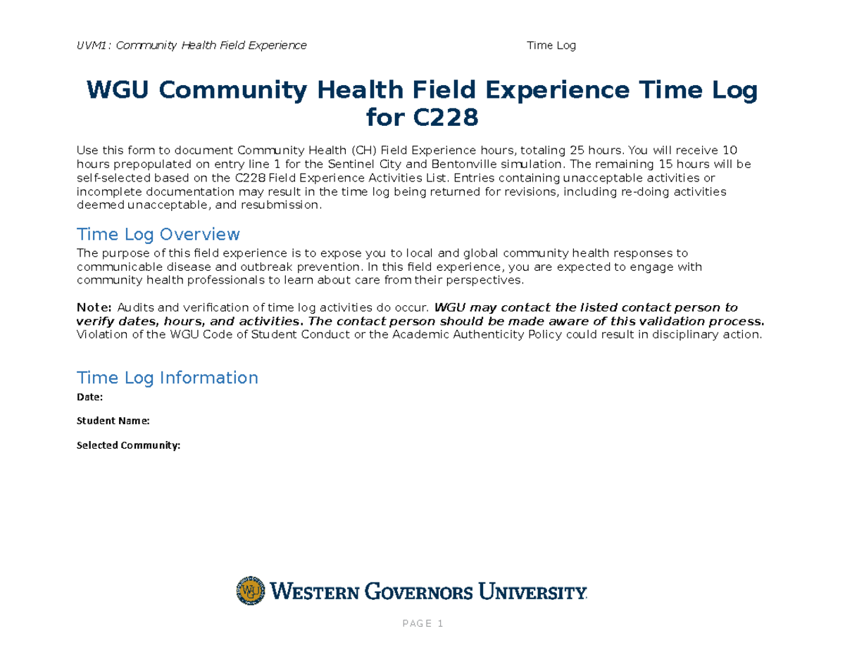 C228 Community Health Field Experience Time Log - WGU Community