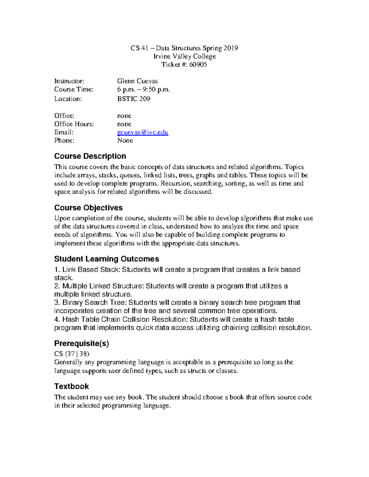 CS41 60905 Cuevas F19 - Syllabus - CS 41 – Data Structures Spring 2019 ...