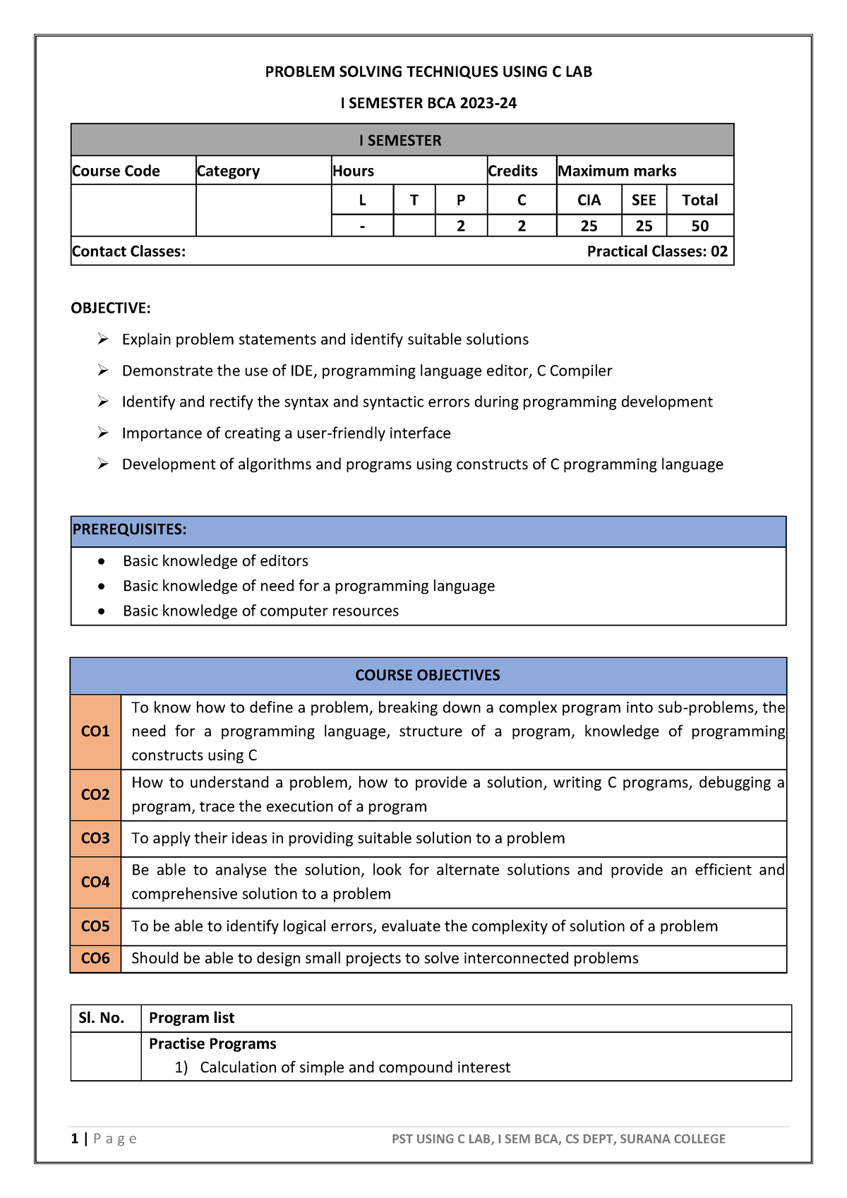 PST Using C LAB - 1st SEM BCA (2023-24 Batch) - 1 | P a g e PST USING C ...