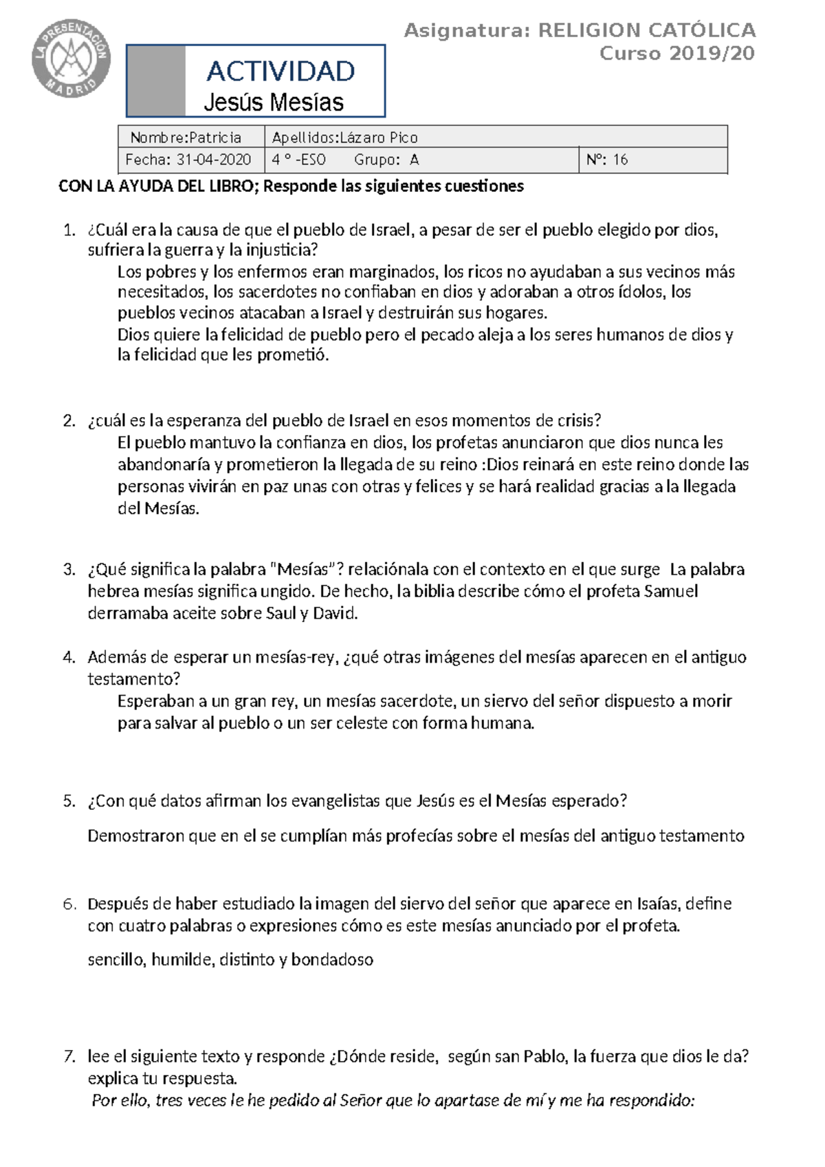 3a ACT 4 ESO Religion PNS - 5 ACTIVIDAD Jesús Mesías Asignatura ...