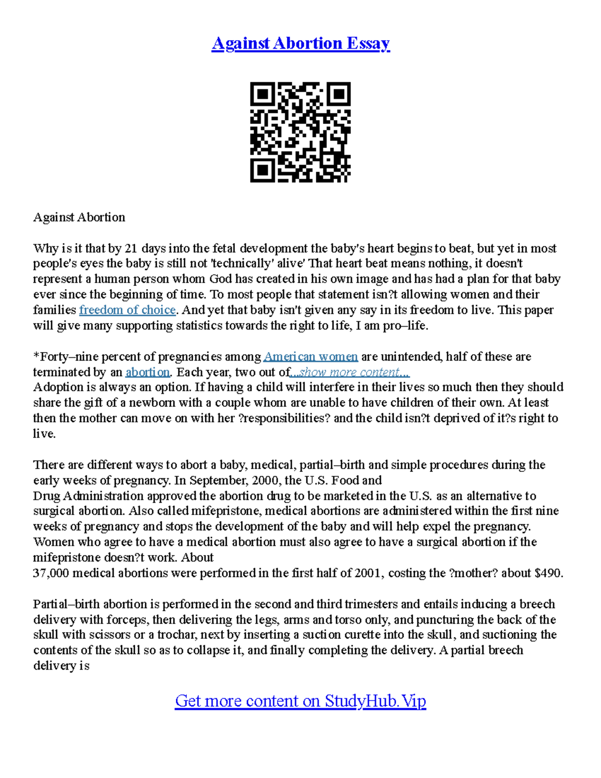 Abortion Essays Against - Against Abortion Essay Against Abortion Why ...