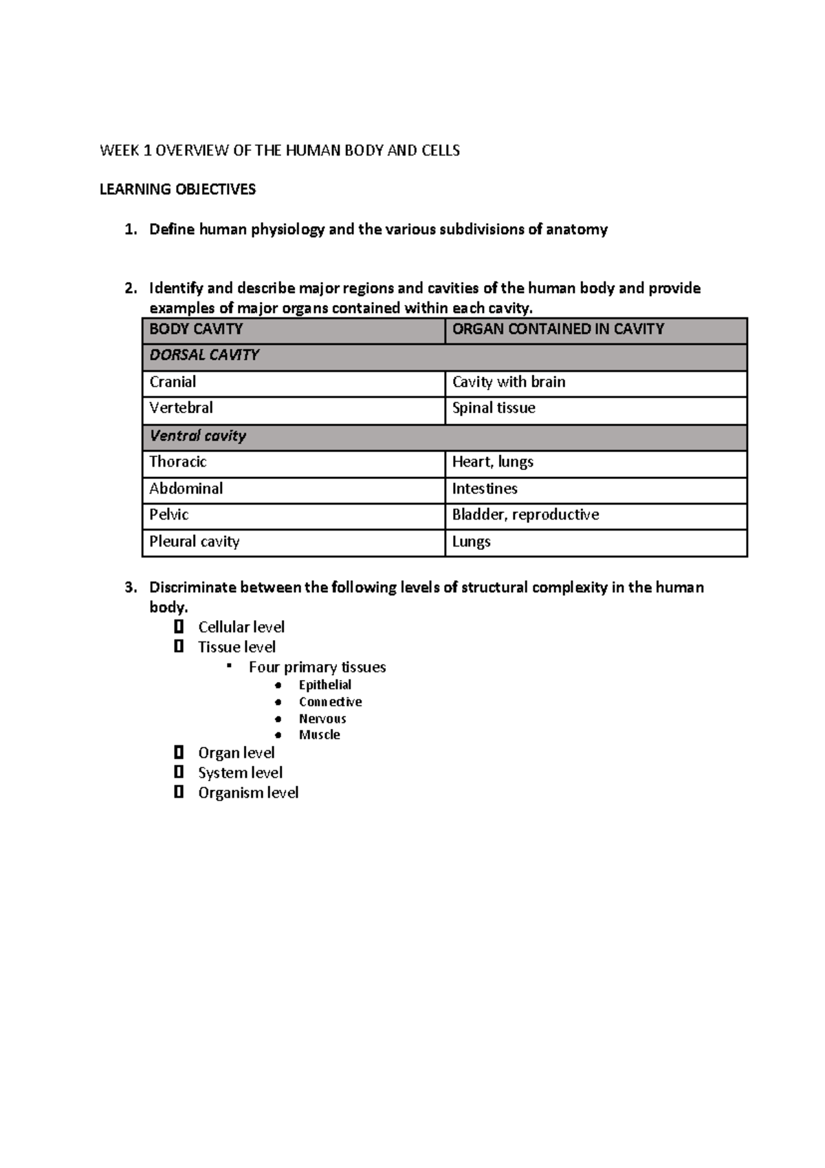 Anatomy study notes - WEEK 1 OVERVIEW OF THE HUMAN BODY AND CELLS ...