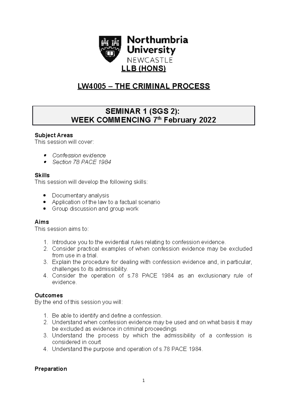 CP Seminar 1 Wc 7.02.22 (SGS 2) - LLB (HONS) LW4005 – THE CRIMINAL ...