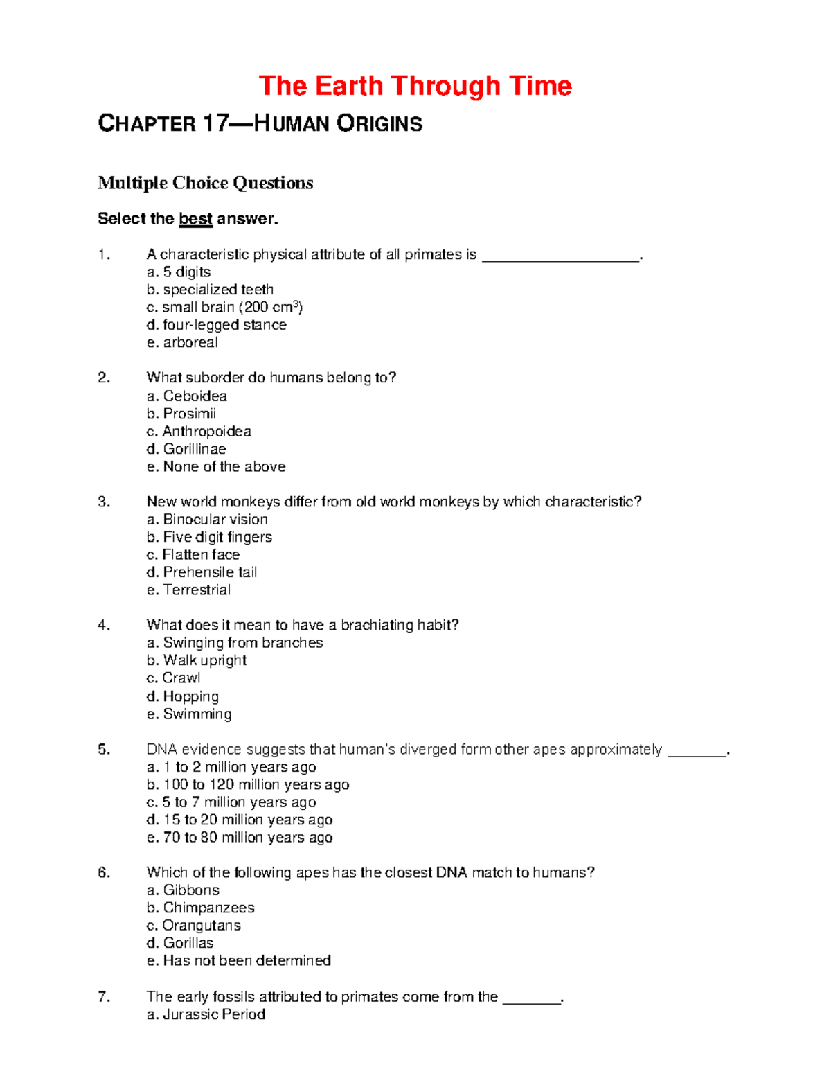 Ch17 Human Origins Test The Earth Through Time CHAPTER 17 HUMAN Ch17 Human Origins Test The Earth Through Time CHAPTER 17 HUMAN