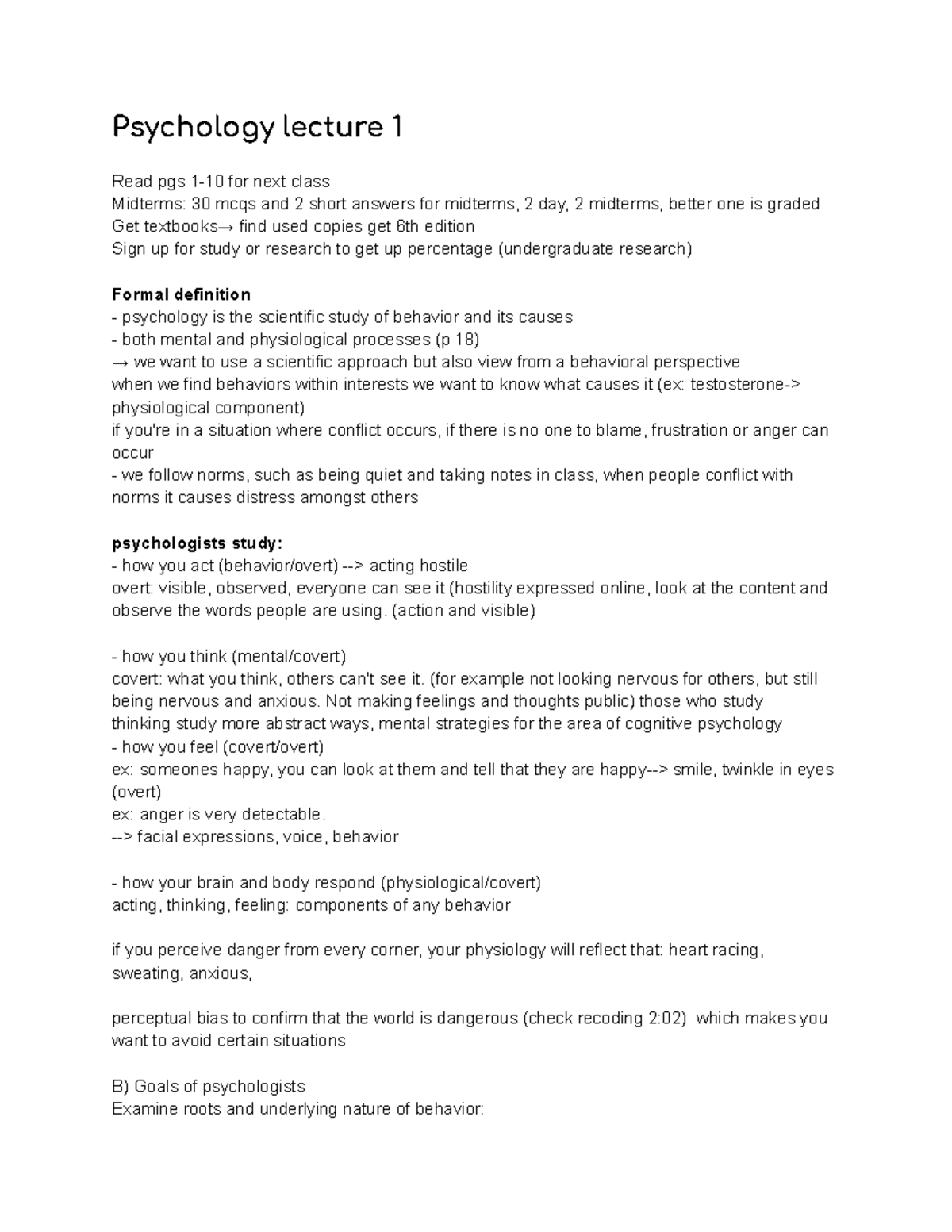 PSYC 1010 lecture 1 notes - Psychology lecture 1 Read pgs 1-10 for next ...