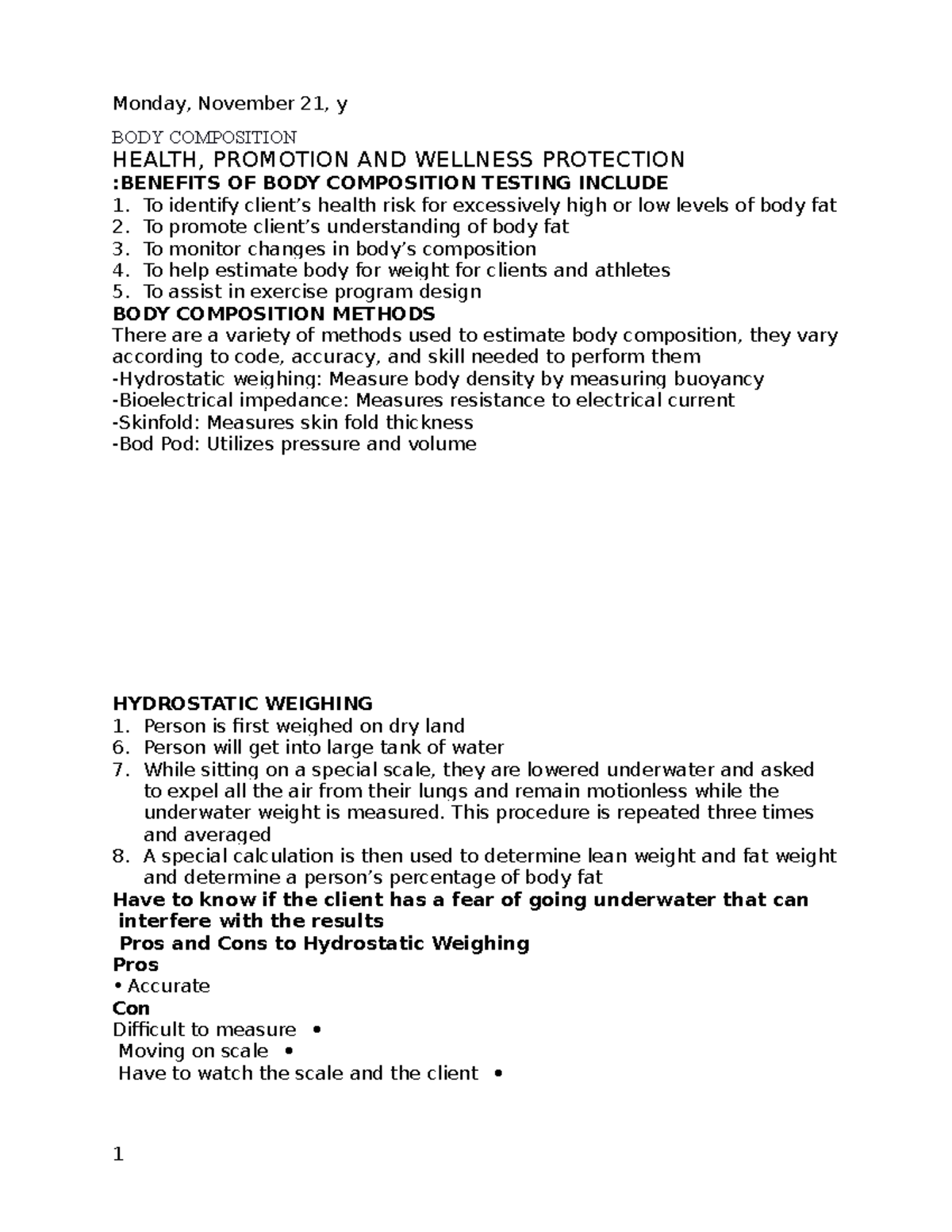 BODY Composition in class notes BODY COMPOSITION HEALTH, PROMOTION