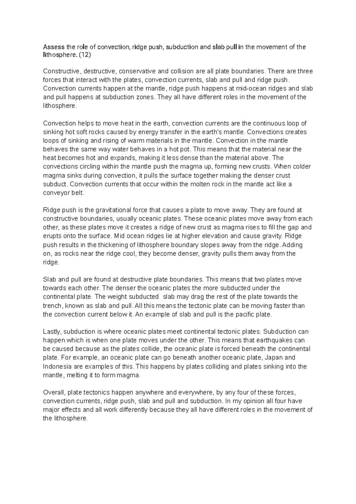 Plate tectonics 12 marker - Assess the role of convection, ridge push ...