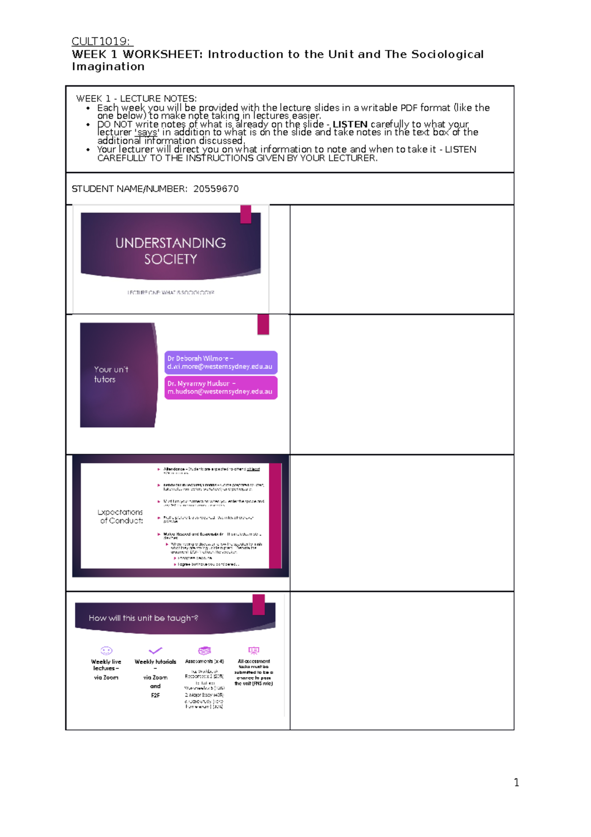 CULT1019 US WEEK 1 Worksheet - Intro to the Unit - WEEK 1 WORKSHEET ...