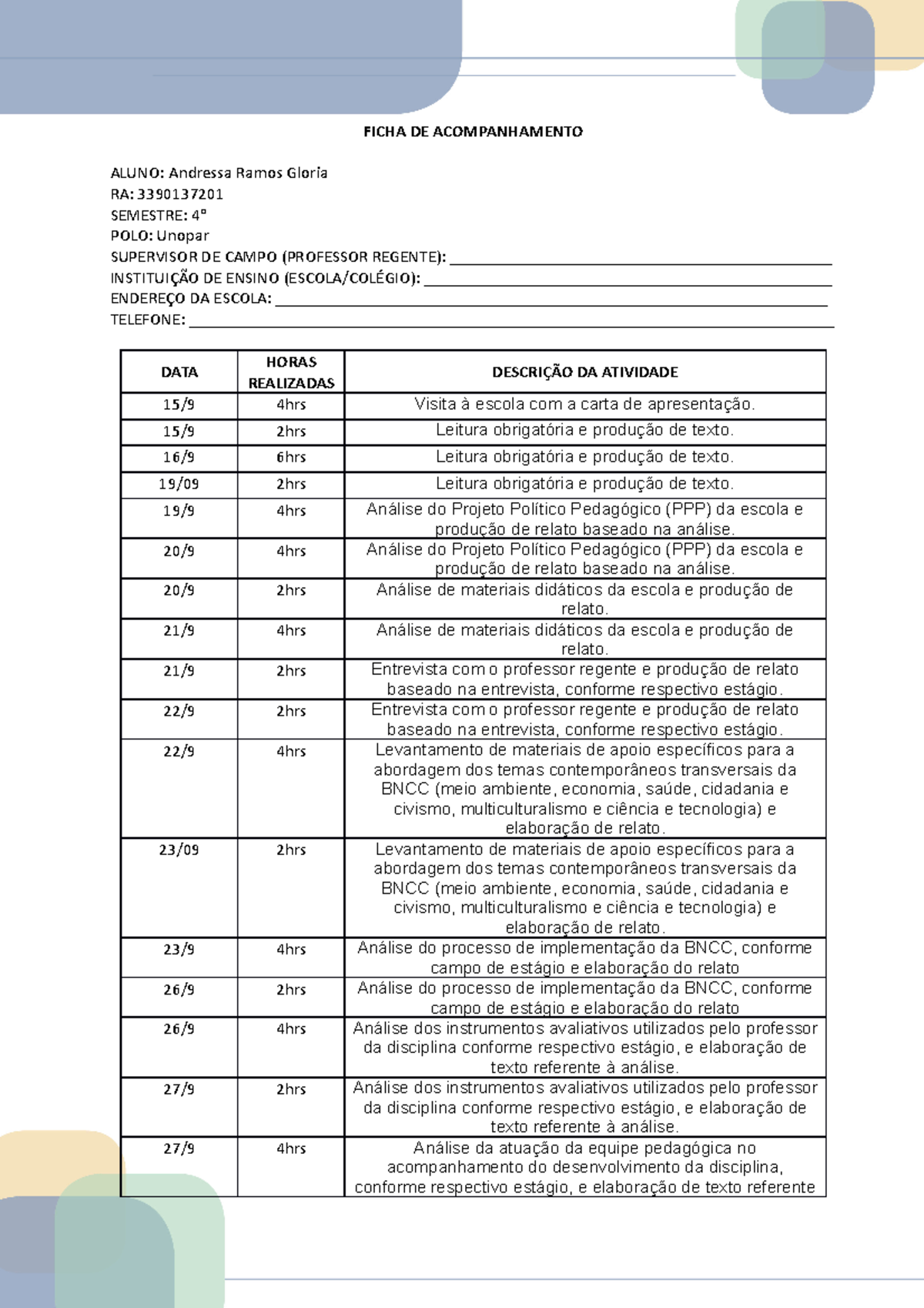 Ficha De Acompanhamento Ficha De Acompanhamento Aluno Andressa Ramos Gloria Ra