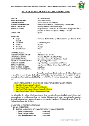 ACTA DE Verificacion Y Recepcion DE OBRA Mejoramiento - OBRA:  “MEJORAMIENTO, AMPLIACIÓN DE SERVICIOS - Studocu