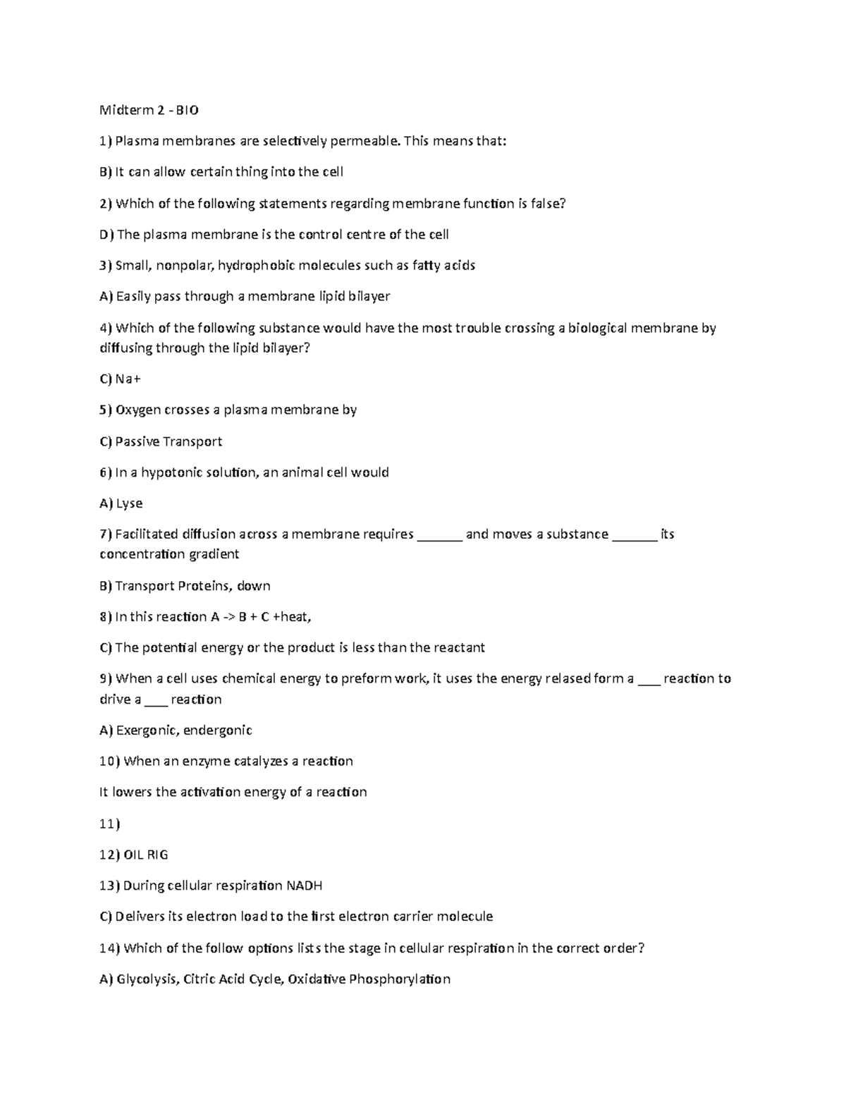 Exam 5 February 2015, Answers - Midterm 2 - BIO Plasma membranes are ...