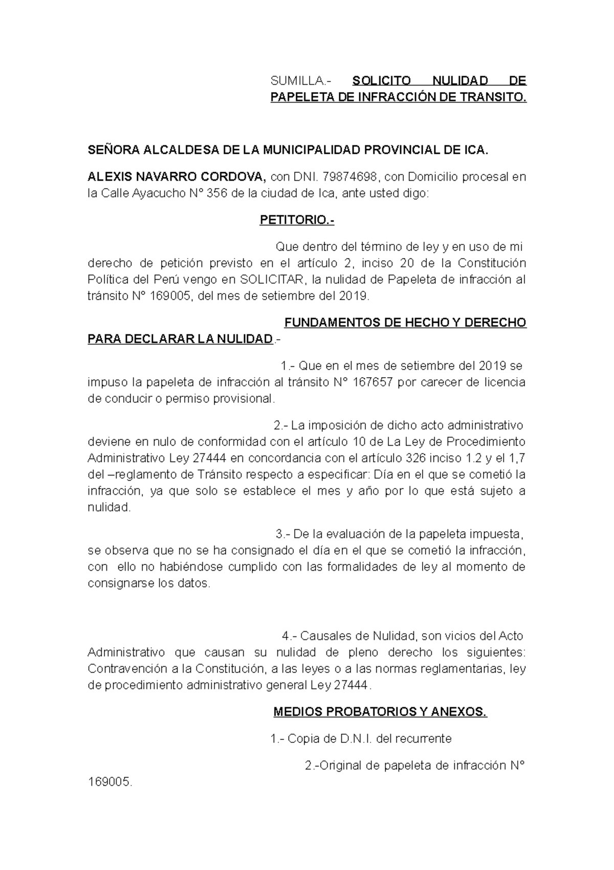 Escrito de Nulidad de papeleta SUMILLA. SOLICITO NULIDAD DE PAPELETA