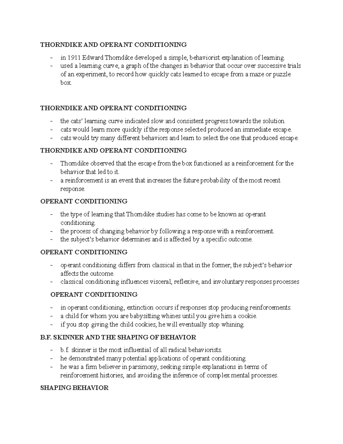 Shaping Behavior Notes 1 - THORNDIKE AND OPERANT CONDITIONING in 1911 ...