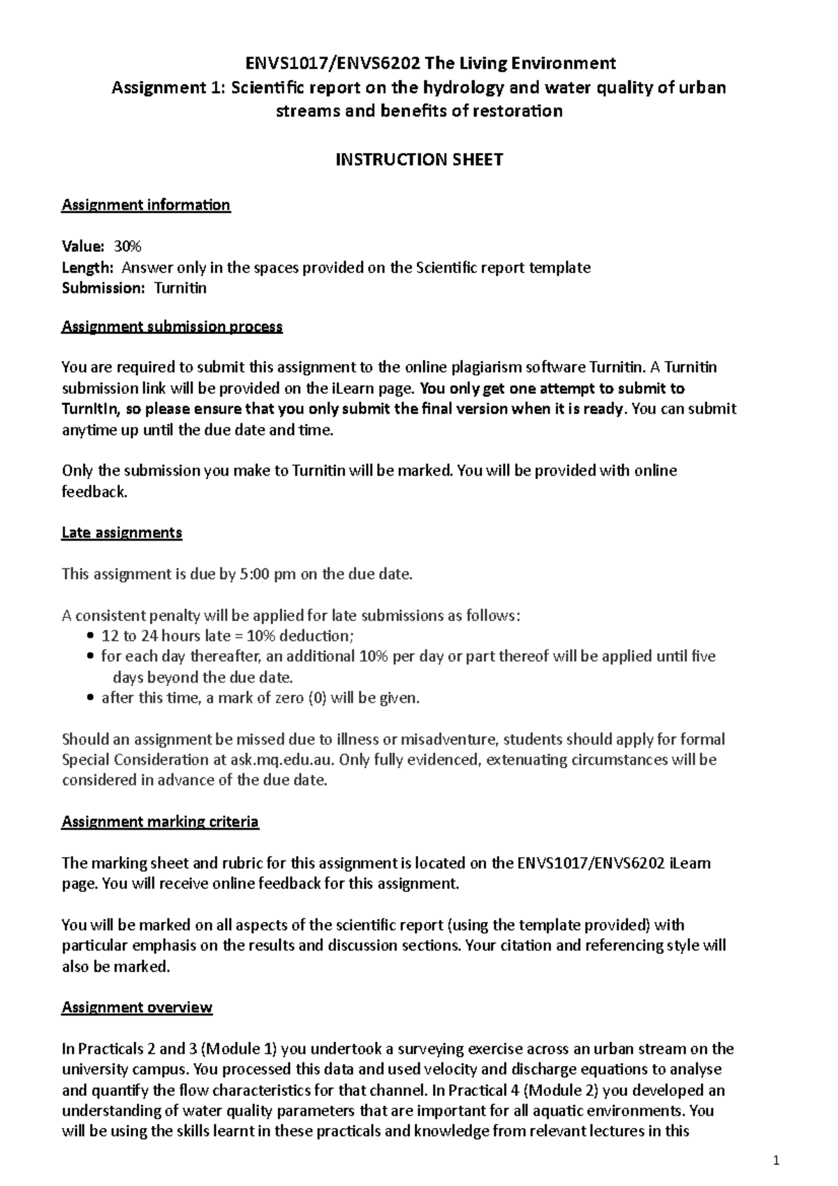 Assignment 1 ENVS1017 2022 - ENVS1017/ENVS6202 The Living Environment ...
