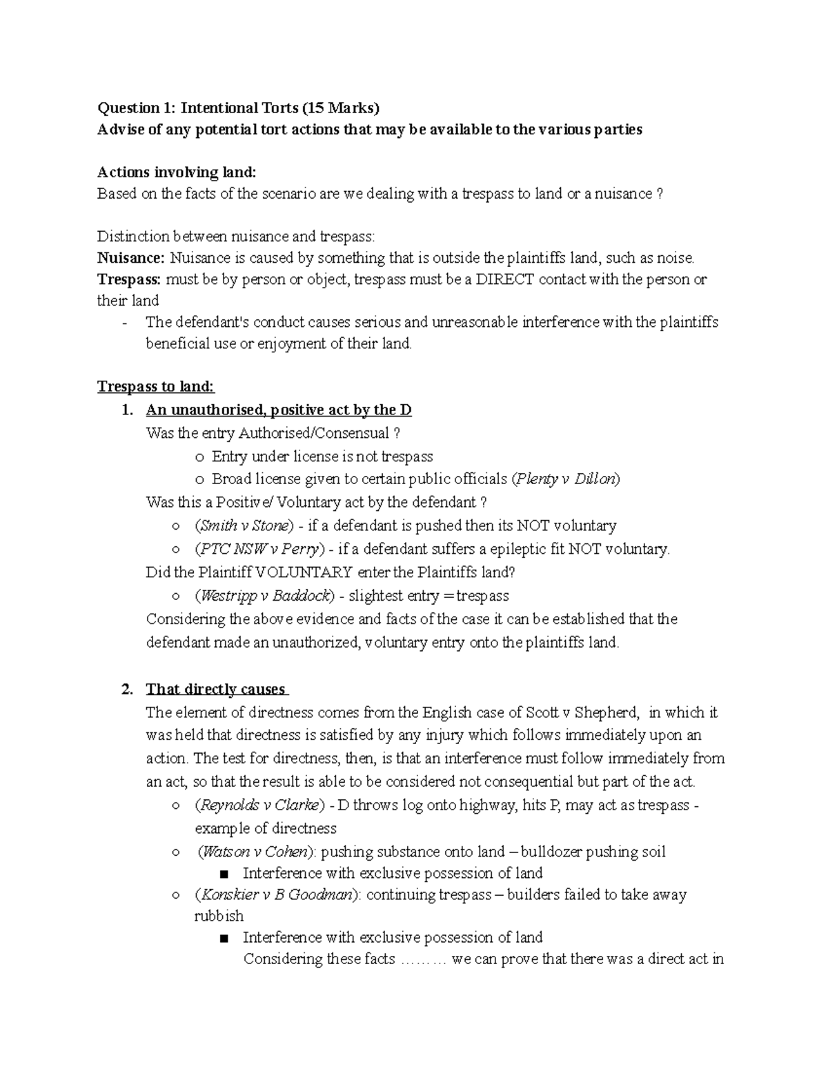 2021 Exam Prep - Complete Exam Notes for Torts Final Exam - Question 1 ...