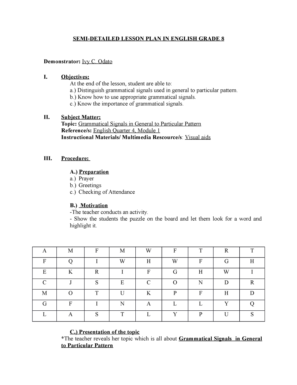 Grammatical Signals This Lesson Plan Is Based From The Module In 