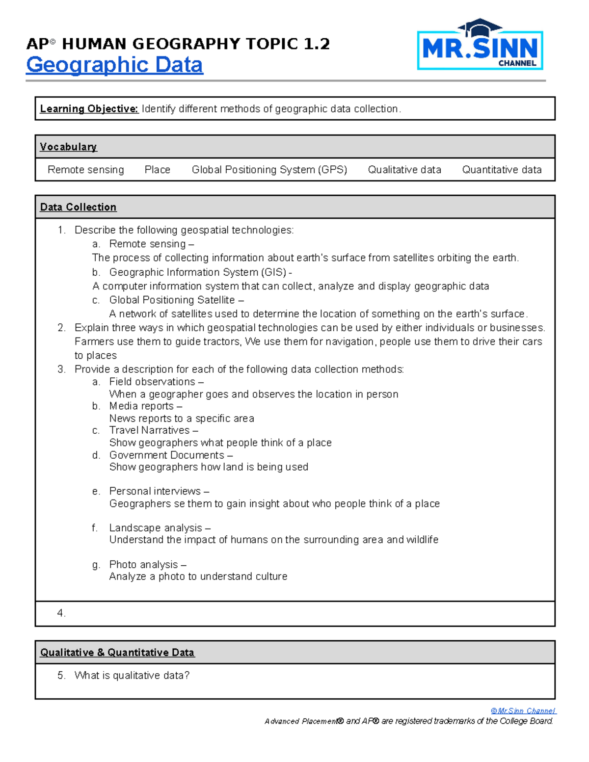 Unit 1 Topic 2 (Types of Geographic Data) AP© HUMAN GEOGRAPHY TOPIC 1