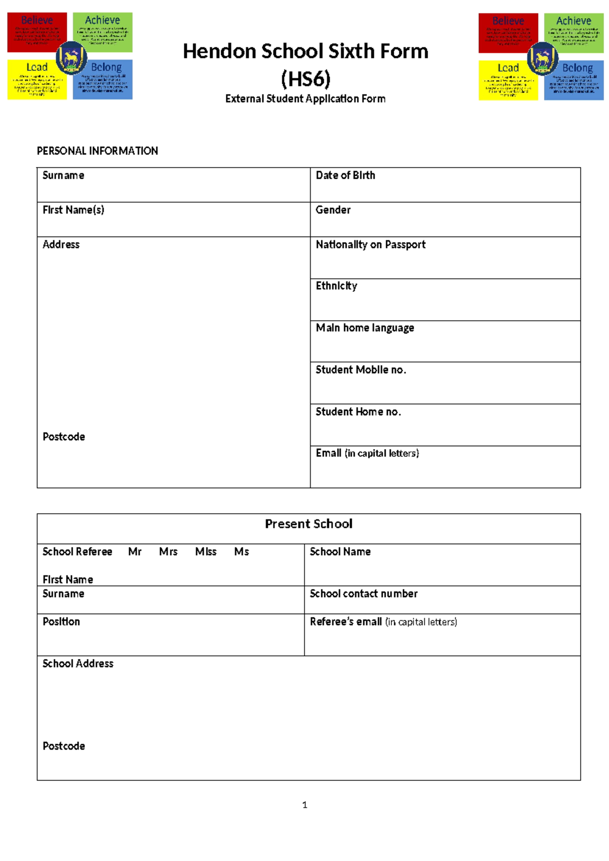 External Application Form Copy - Hendon School Sixth Form (HS6 ...