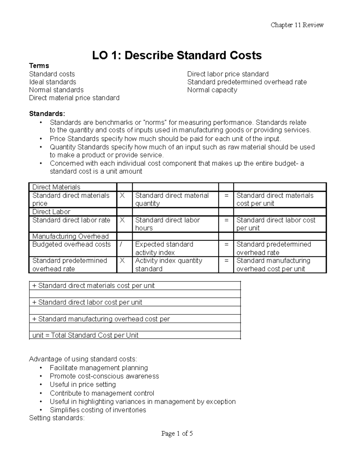 Chapter 11 REV LO 1 Describe Standard Costs Terms Standard costs
