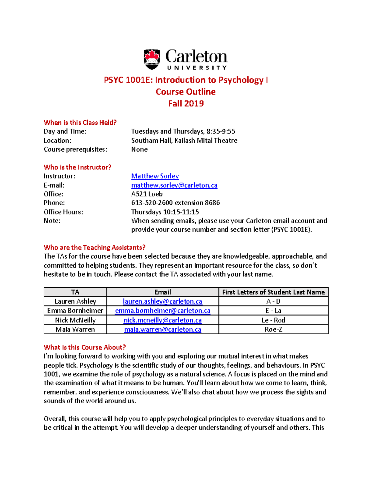 Course Outline - PSYC 1001E - F2019 - PSYC 1001E: Introduction To ...