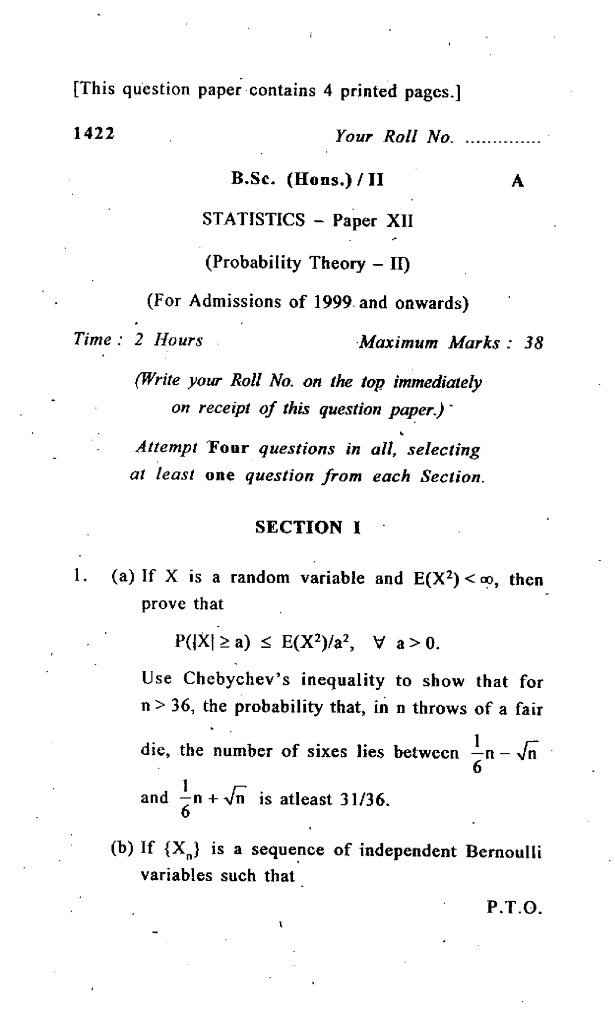 B.SC. (HONS) II Statistics - Paper XII ( Probability Thoeory II) - Bsc ...