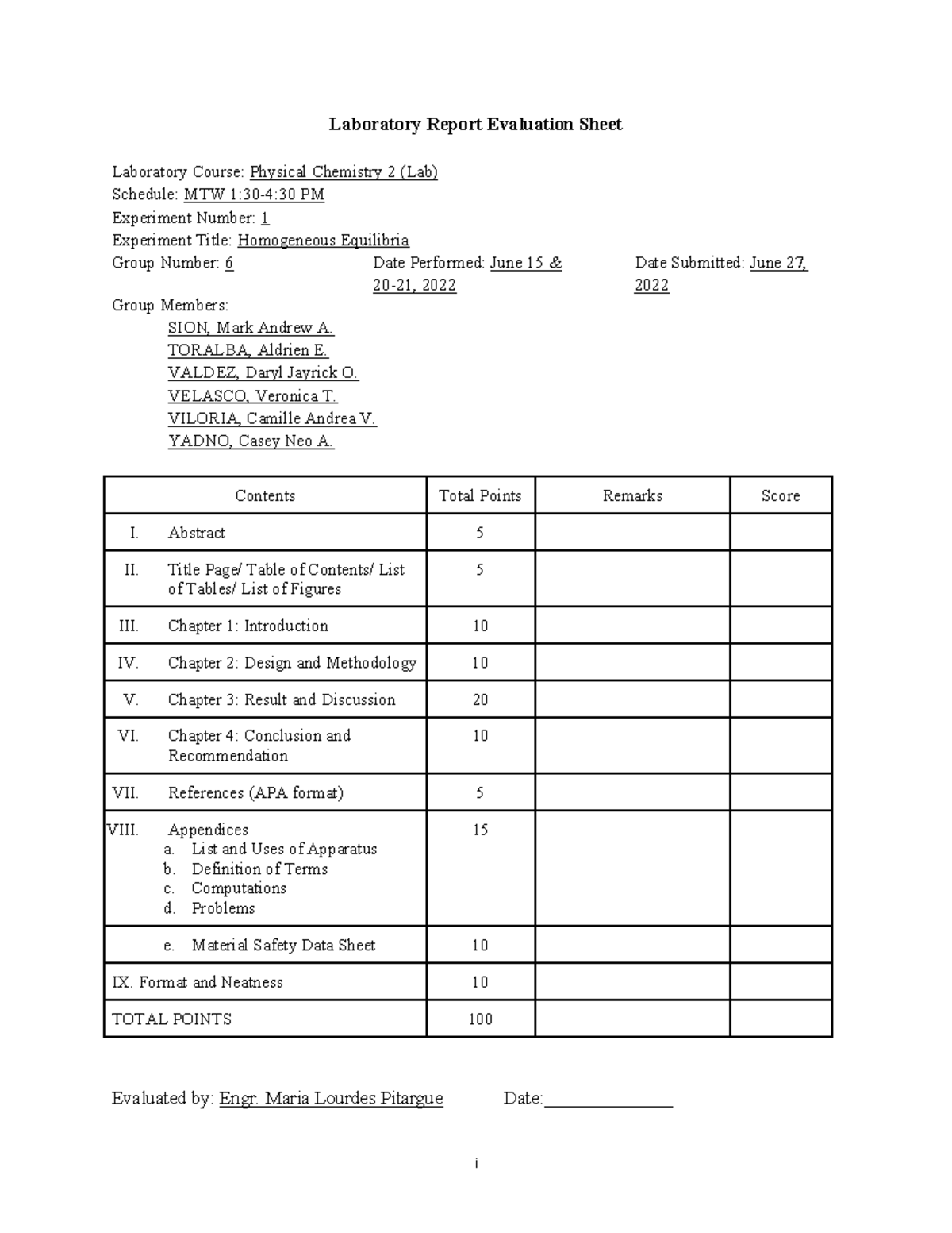 Experiment-1-Lab-Report - i Laboratory Report Evaluation Sheet ...