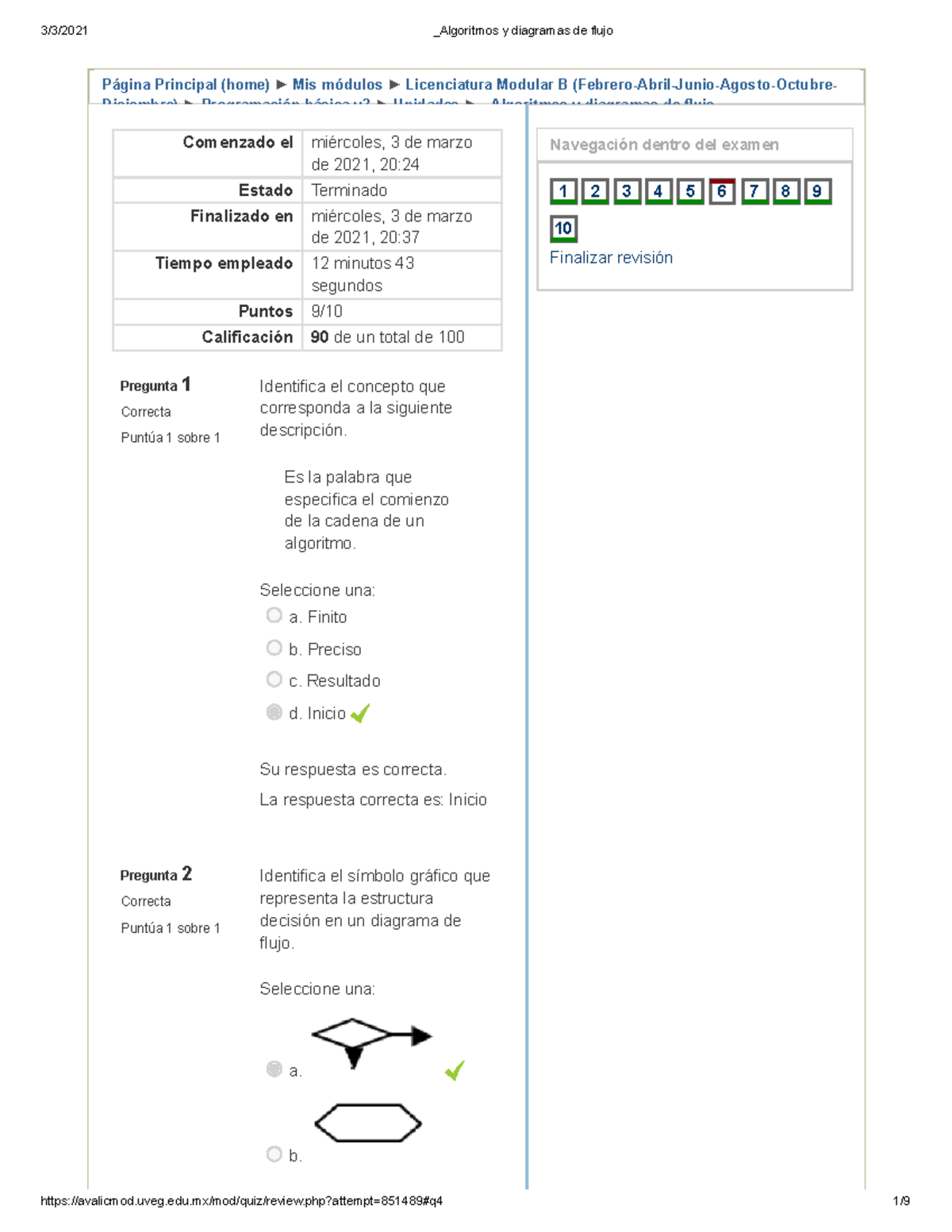 Examen Algoritmos y diagramas de flujo Programación 2 Básica UVEG - Página  Principal (home) ▻ Mis - Studocu