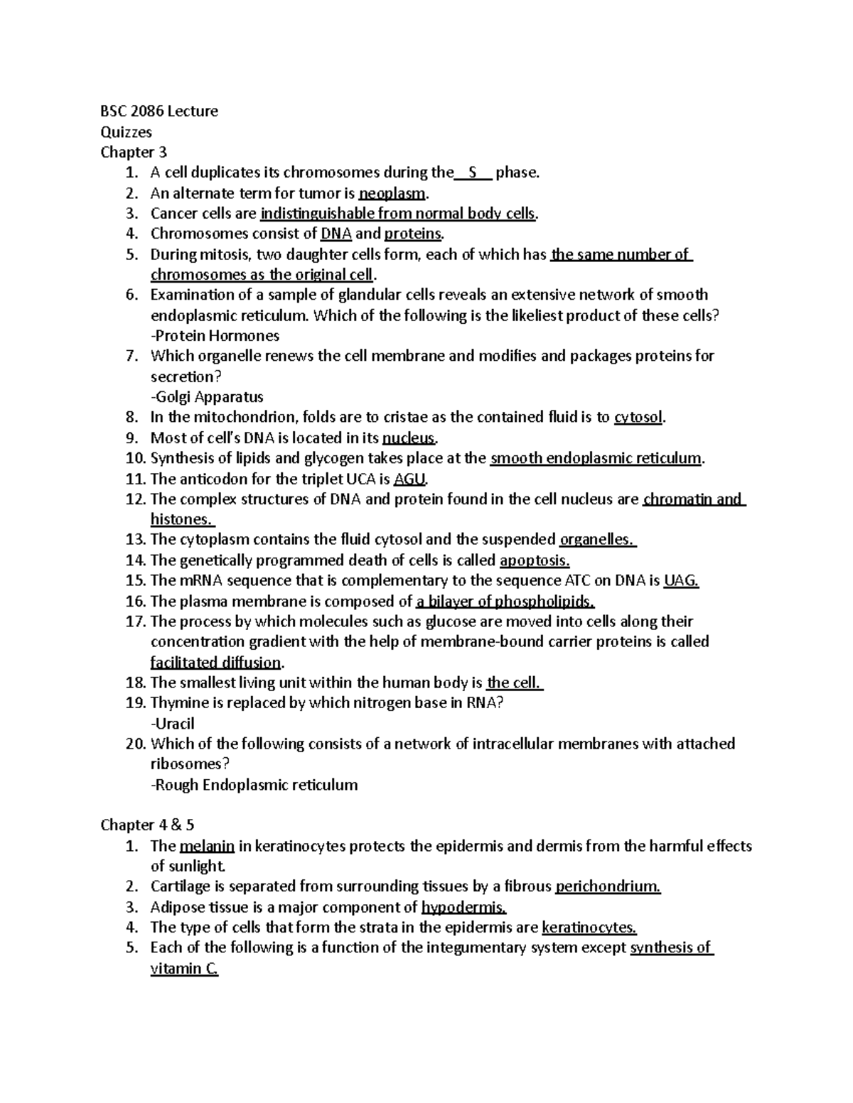 BSC 2085 Test 2 Quizzes - BSC 2086 Lecture Quizzes Chapter 3 1. A cell ...