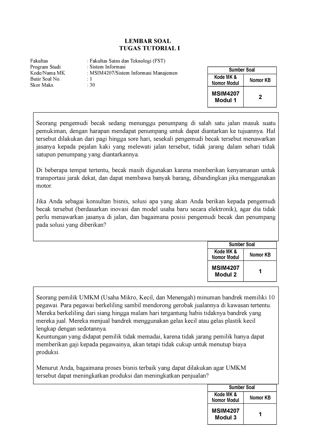 Tugas 1 20232 - LEMBAR SOAL TUGAS TUTORIAL I Fakultas Program Studi ...