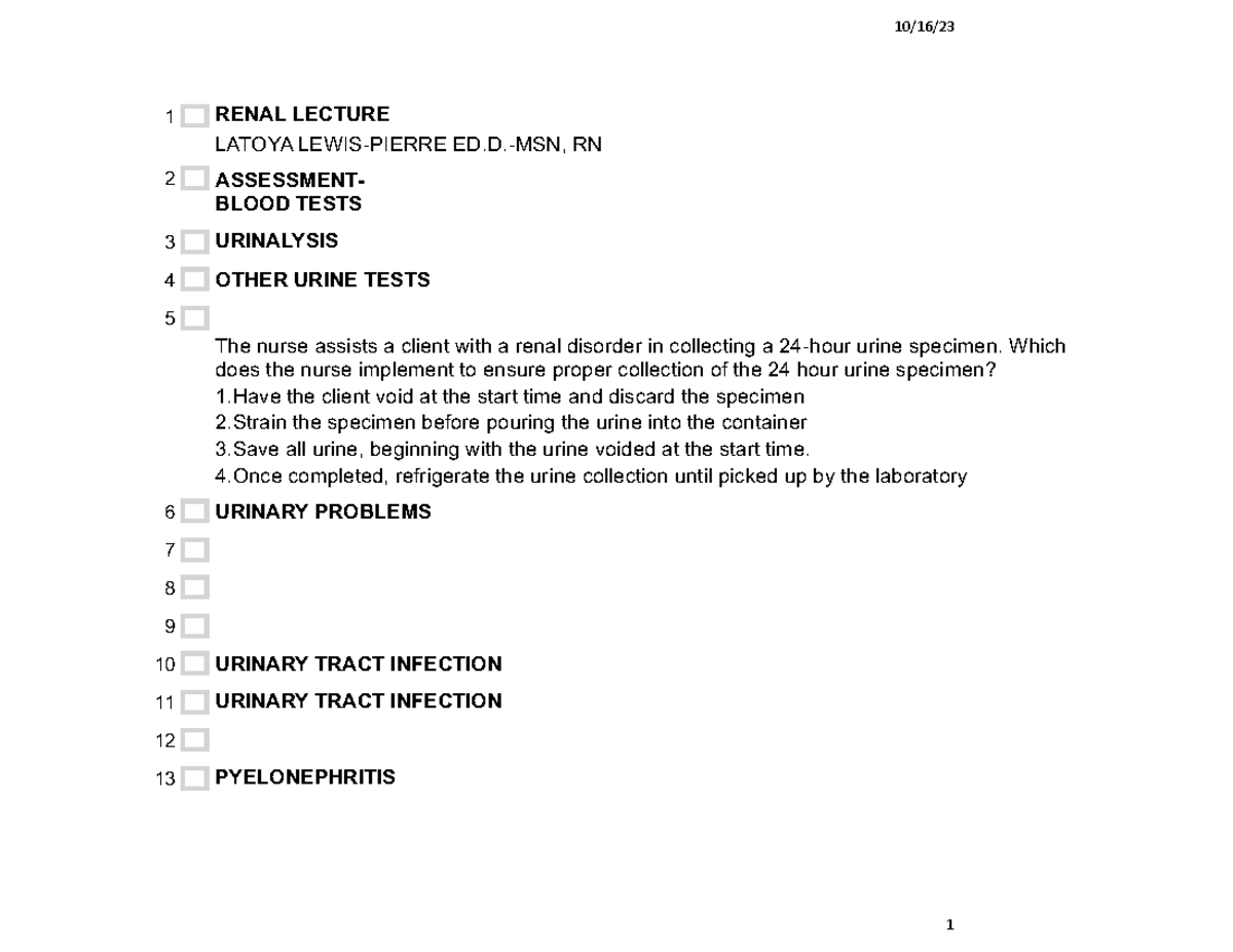 Renal recorded lecture-Class - 10/16/ 1 RENAL LECTURE LATOYA LEWIS ...