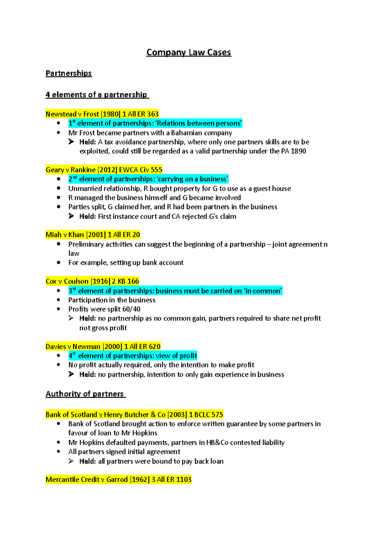 Company Law Key Cases Company Law Cases Partnerships 4 elements of a