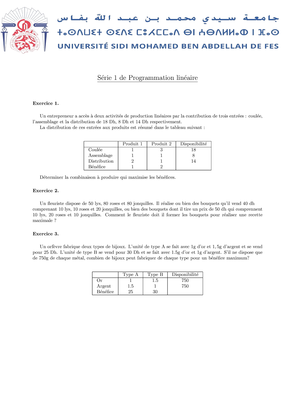 S´erie 1 De Programmation Lin´eaire - S ́erie 1 De Programmation Lin ...