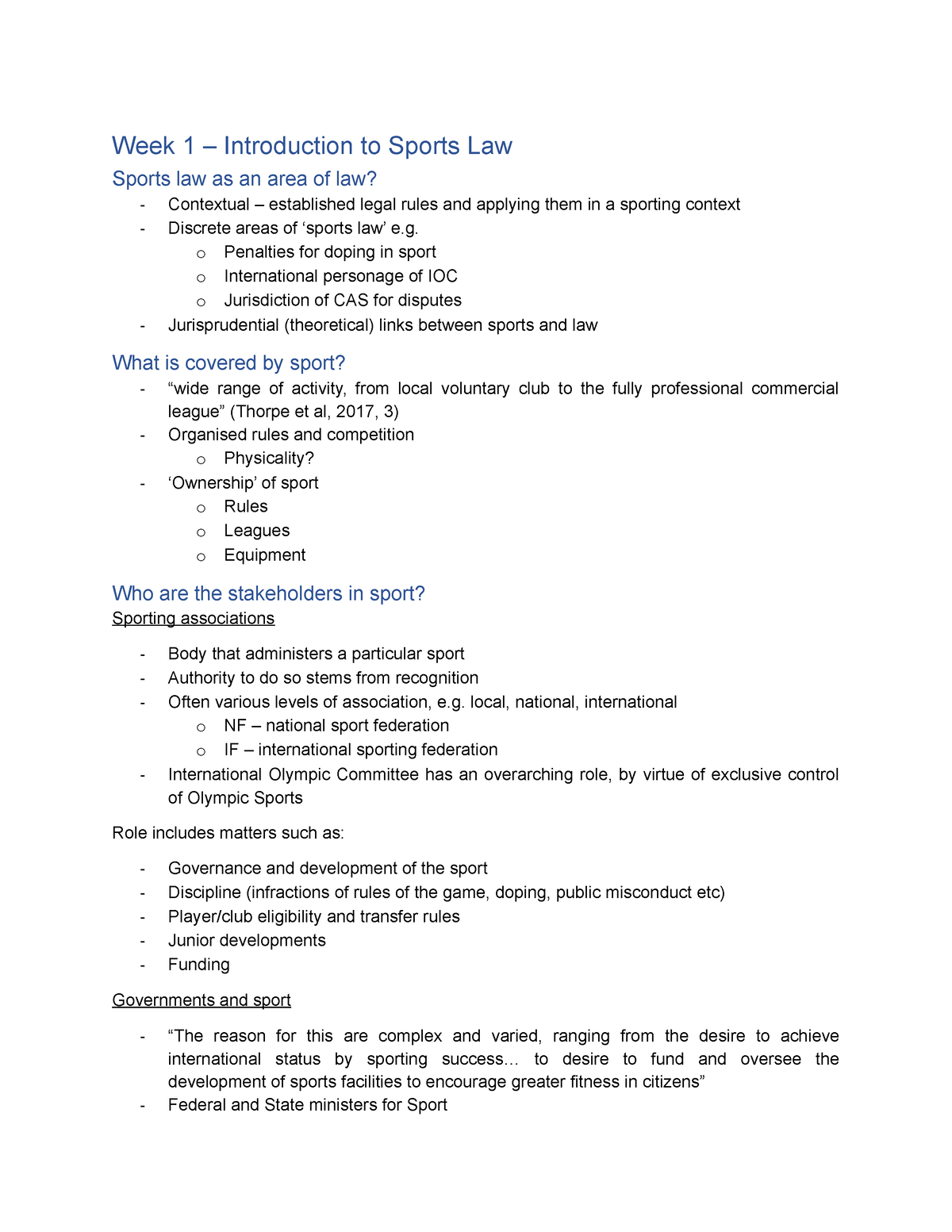 Sports Law Exam Notes Week 1 Introduction to Sports Law Sports law