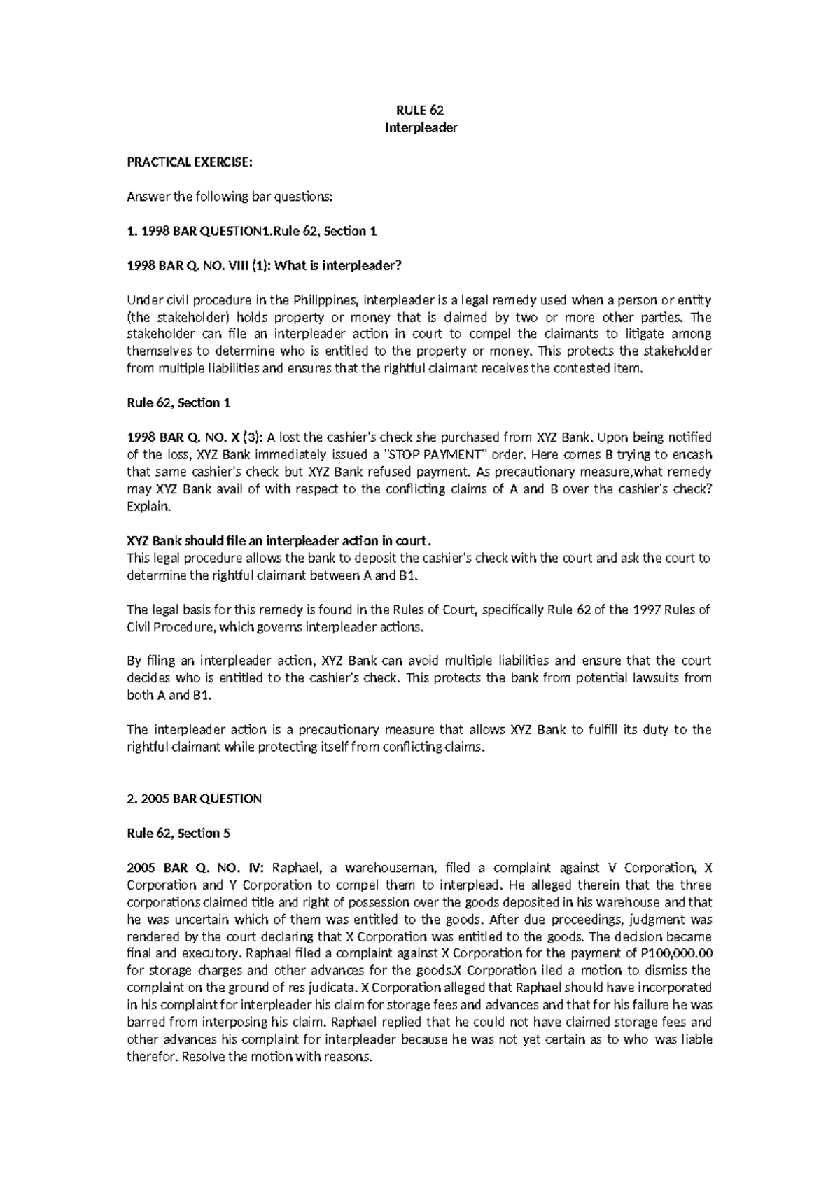 RULE-62-64 - Lecture notes - RULE 62 Interpleader PRACTICAL EXERCISE ...