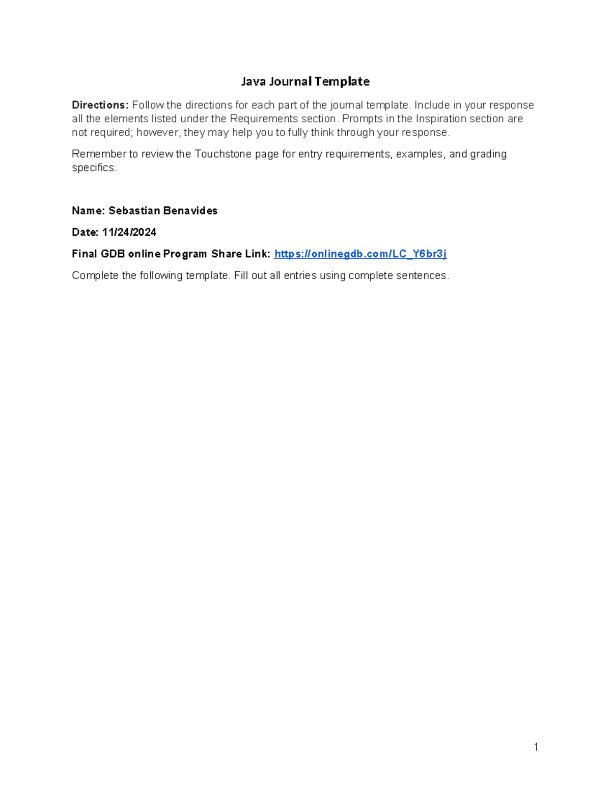 Touchstone JAVA Journal Template - Java Journal Template Directions ...
