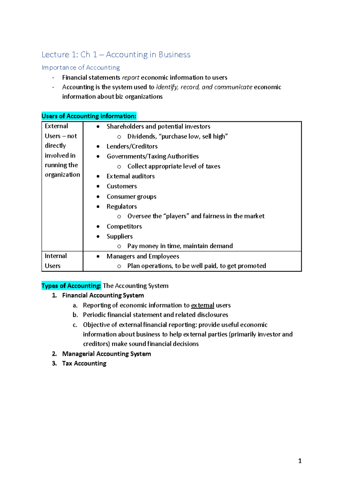 Acc1701x lecture note 1-7 (self-made) - Lecture 1: Ch 1 – Accounting in ...