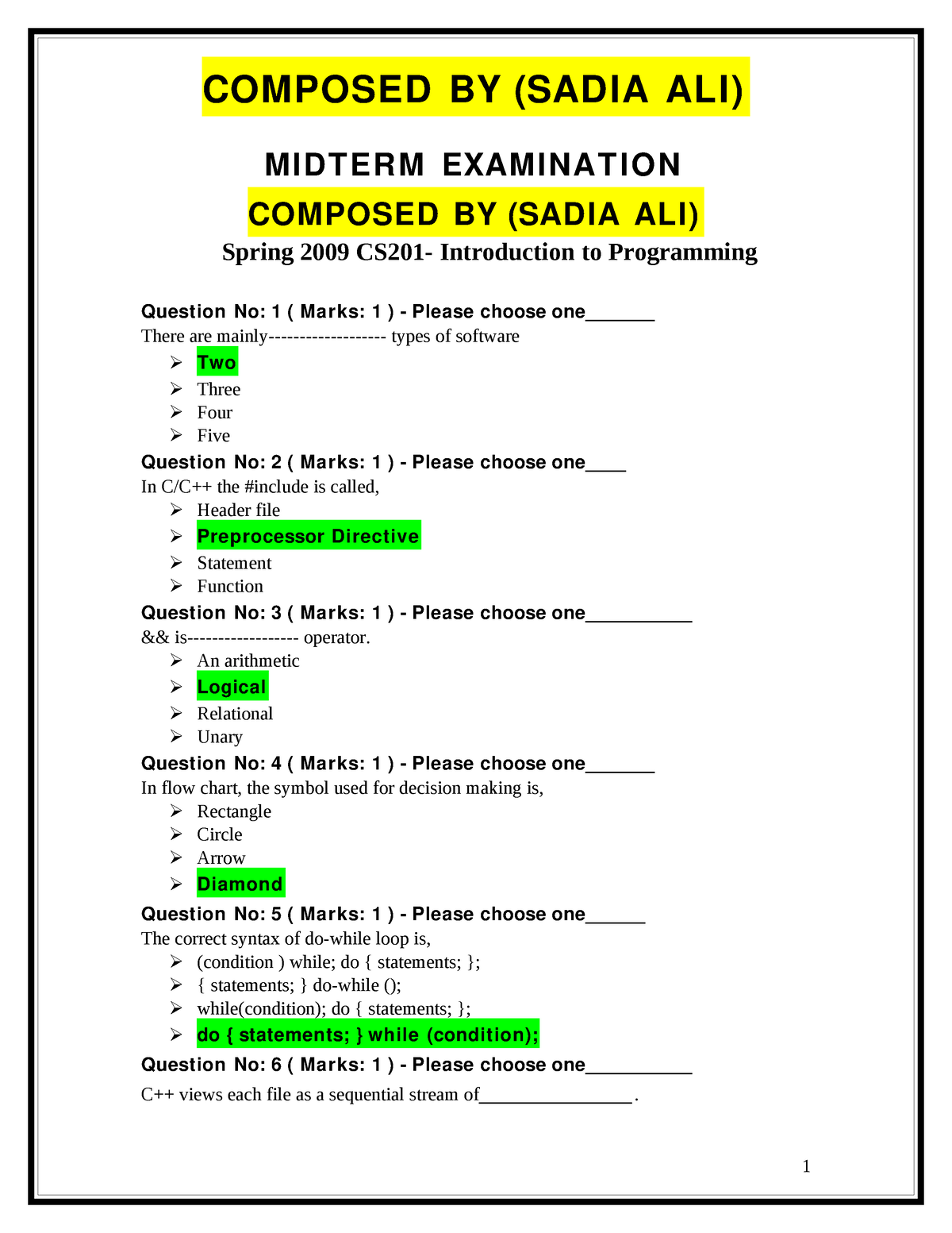 Cs201 Midterm Solved Mcqs With Reference Sadia Ali - MIDTERM ...