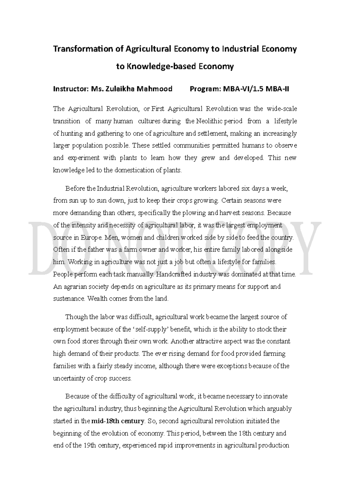 Transition of Agricultural Economy to Knowledge Based Transformation