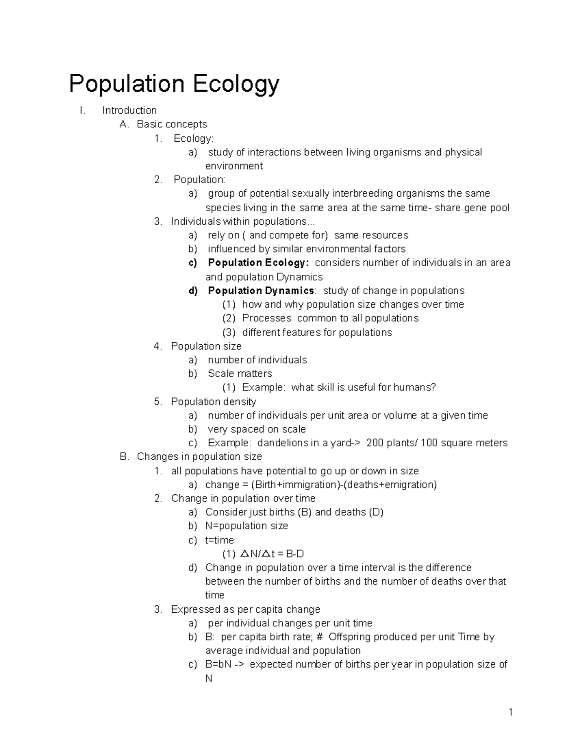 Lecture 24 - Population Ecology I. Introduction A. Basic concepts 1 ...