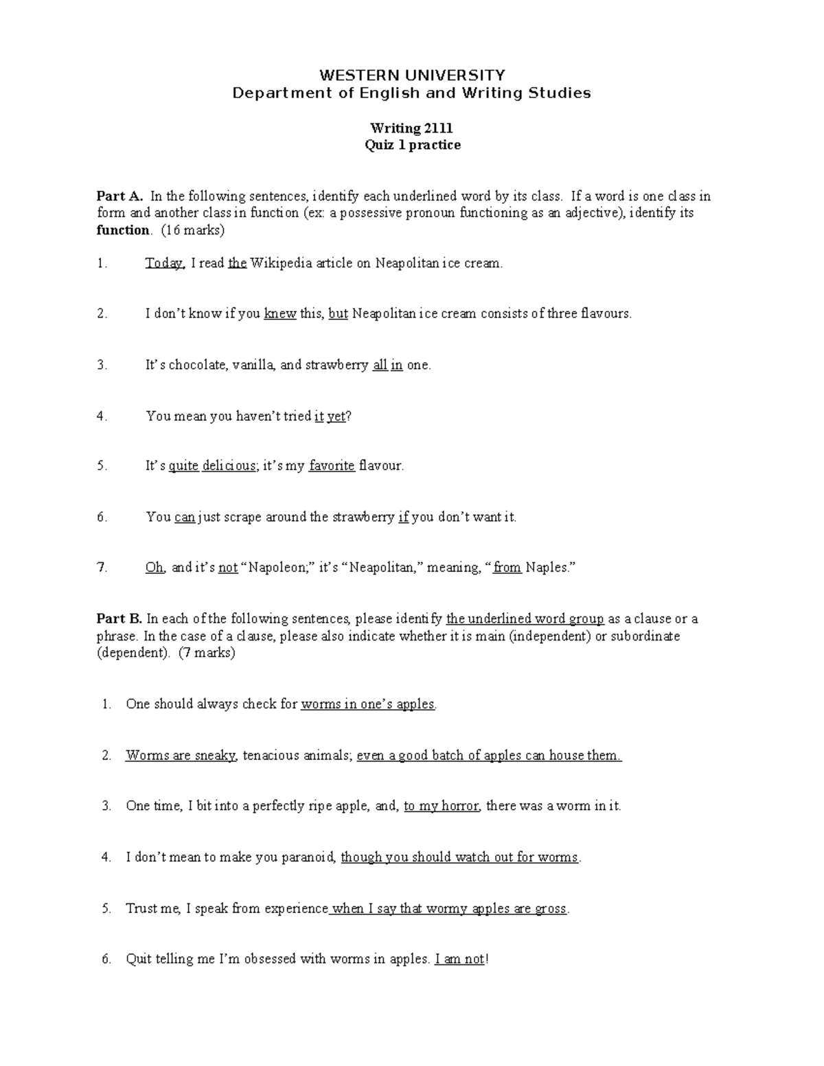 Writing 2111 Quiz 1 practice 1 with answers WESTERN UNIVERSITY
