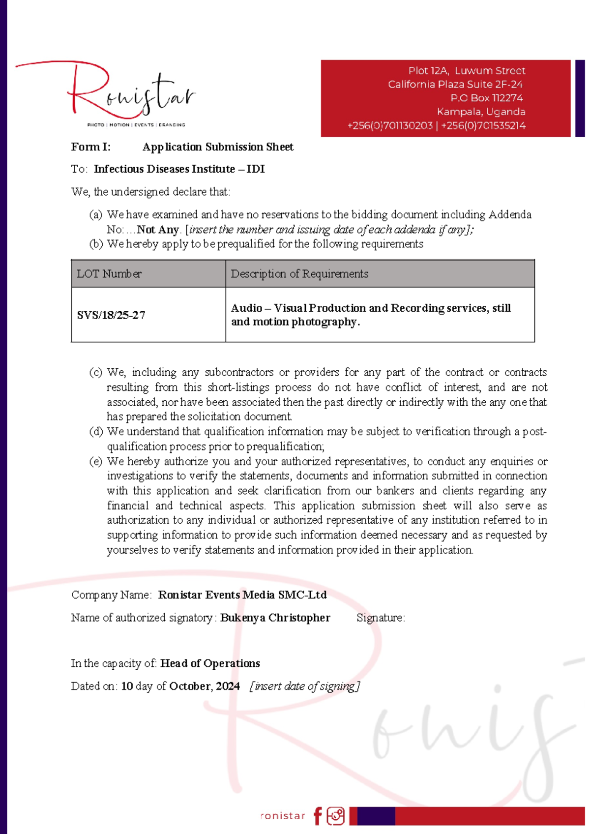 IDI BID 2 - Ghjj - Form I: Application Submission Sheet To: Infectious ...